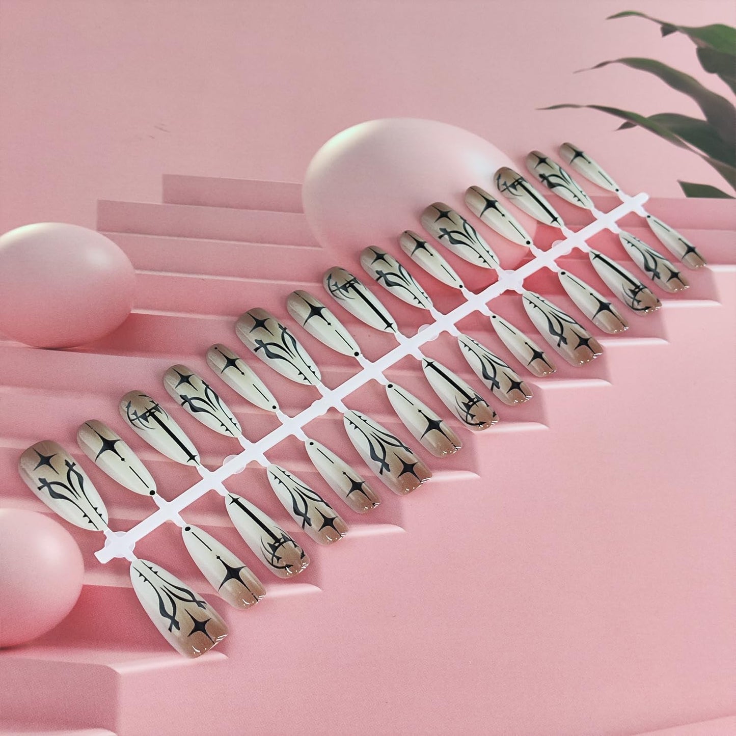 Goth Press on Nails Long Almond Shape Fake Nails with Black Star Designs Gothic Glue on Nail Reusable Artificial Acrylic Gradient Full Cover Glossy Stick on False Nail for Women 30 Pcs