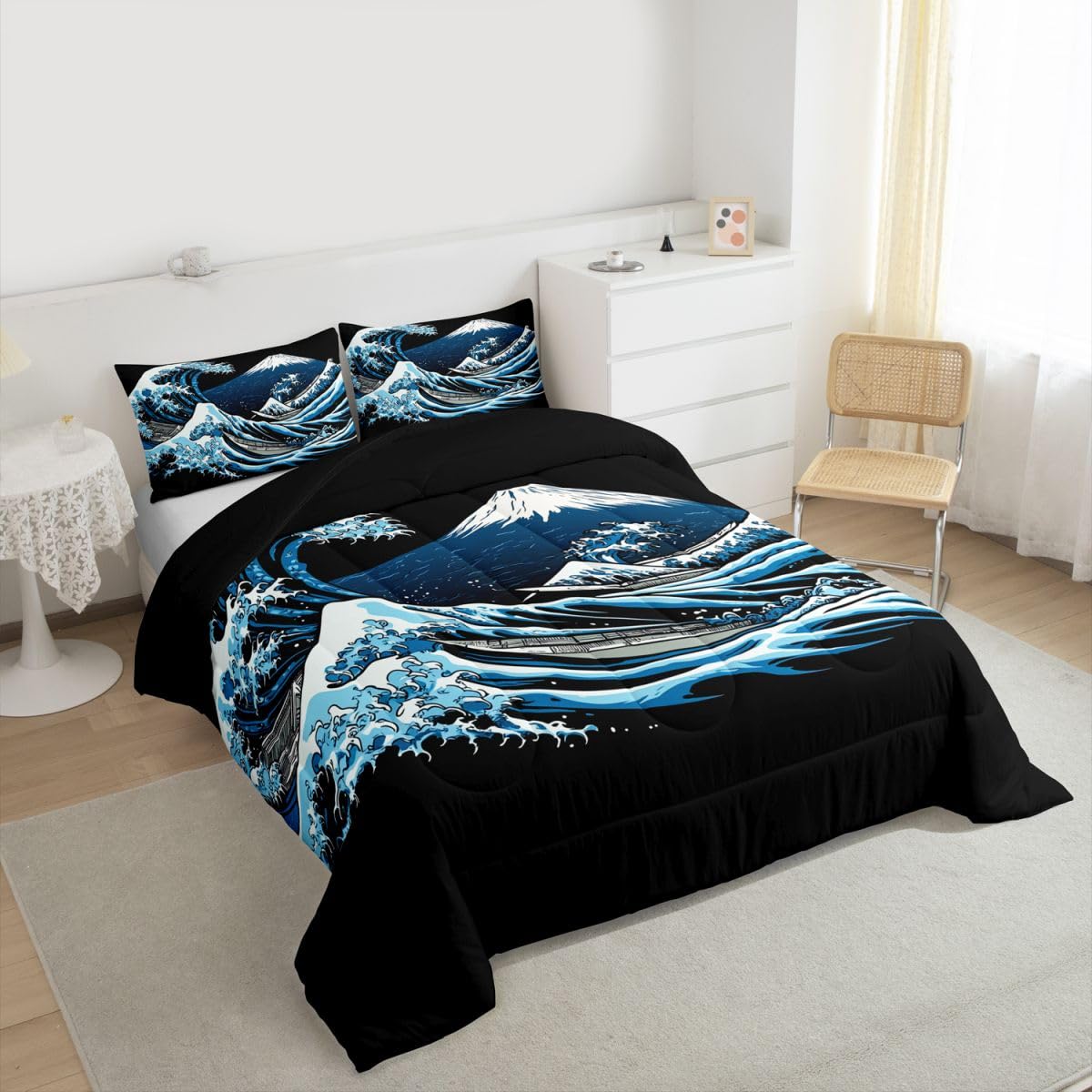 jejeloiu Wave Pattern Comforter Set Queen Size Japanese Style Bedding Set for Kids Boys Girls Mountain Duvet Quilt Ocean Wave Bedroom Decor Microfiber 3 Pcs with 2 Pillow Cases