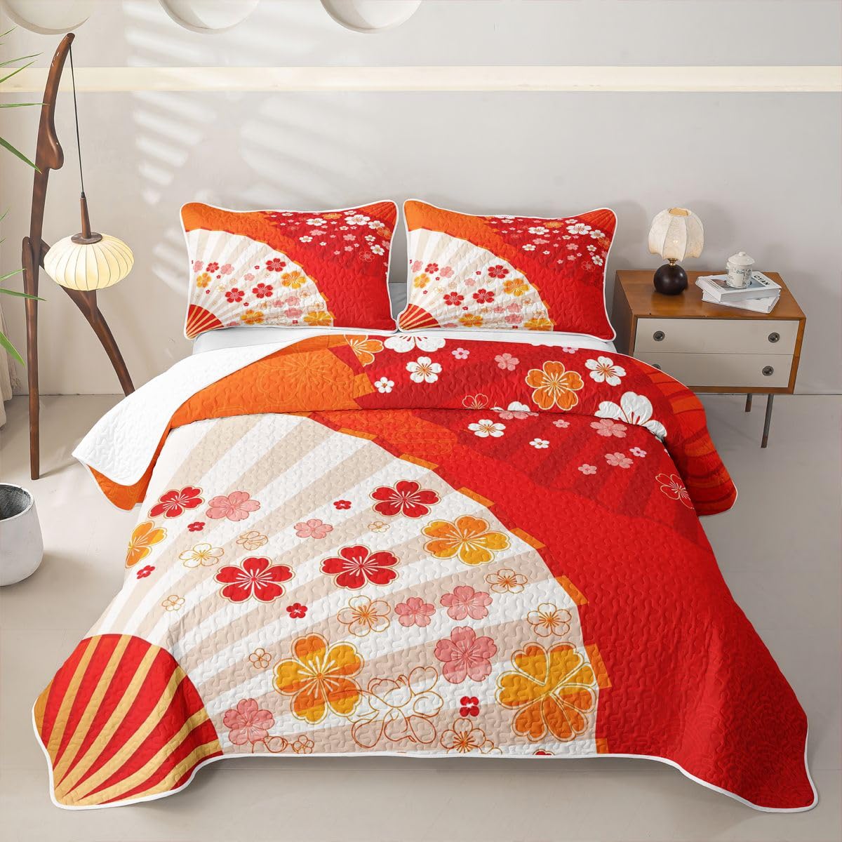 Erosebridal Japanese Style Fan Quilts Twin Size - Japan Fan Cherry Blossoms Bedspread Coverlet Set, Asian Themed Quilt Coverlets 2Pcs (Only 1 Pillowcase)