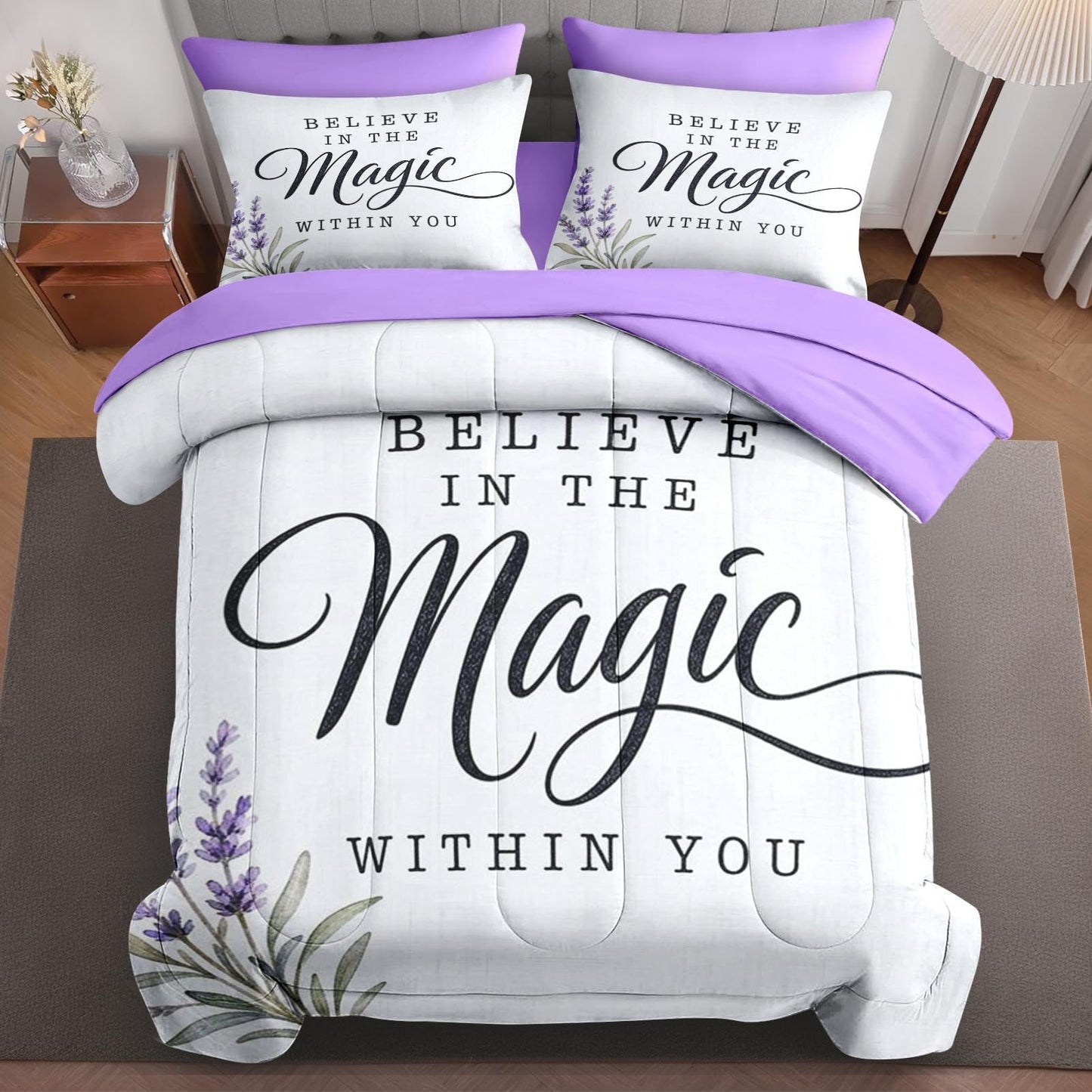 Boewywh Comforter Set Twin Size Motivational Lavender Farmhouse 5 Pcs, Bedding for Kids and Adults, Bed Sheet Sets with Fitted Sheet Pillowcase & Sham for Bedroom Bed Decor