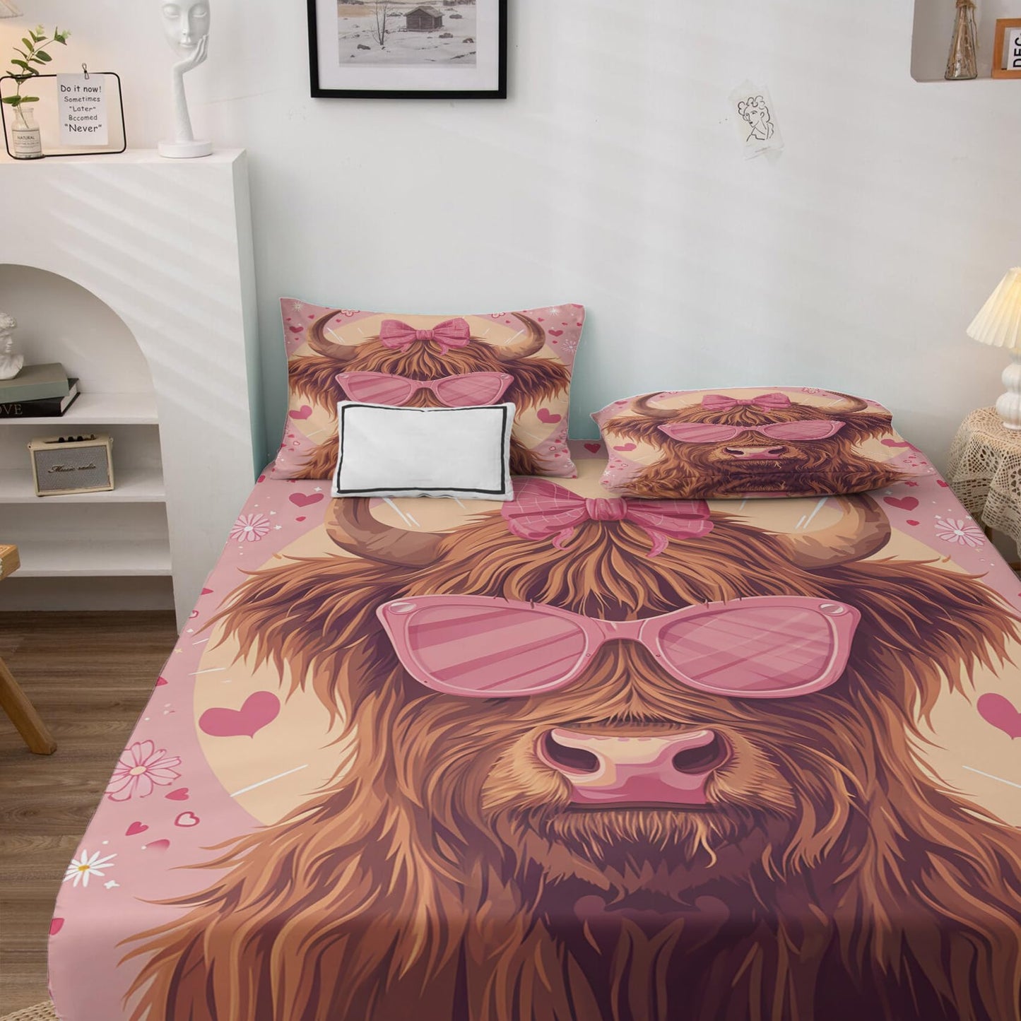 NOGAWA Highland Cow Cool Sheets Queen Size, Kids Girls Pink Funny Bed Sheets, Bedding Sheets & Pillowcases 4 Piece Set - Soft Microfiber Deep Pocket Fitted Sheet & Flat Sheet & 2 Pillow Cases
