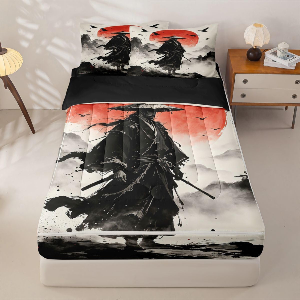 Feelyou Japanese Anime Zipper Bedding Full Samurai Zipper Bedding Sets for Kids Boys Girls Black Red Comforter Set with Fitted Sheet and 2 Pillowcases Bedroom Decor