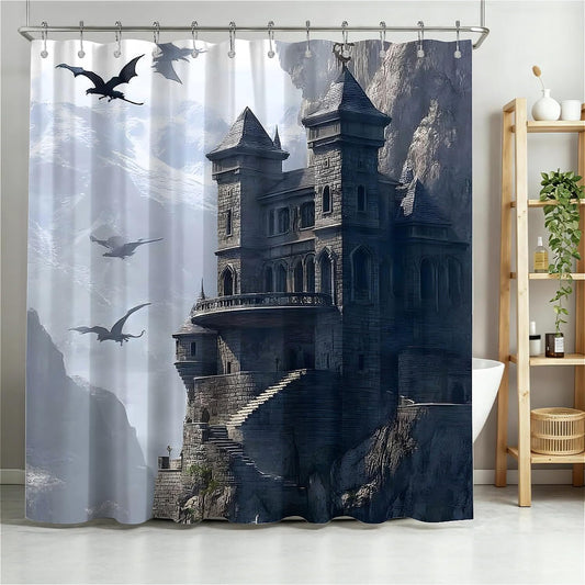 TANGXUNFA Pterosaur Castle Shower Curtain for Bathroom, Water-Resistant Long Shower Curtain Set 72x72 Inch with Metal Grommets and 12 Metal Hooks