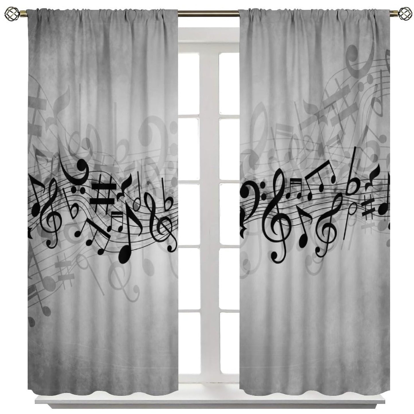 Djaby Music Notes Curtain, Musical Notes Rhythm of The Song Curtain Black and White Singing Clef Ornamental Window Treatments for Bedroom Living Room Home 42" W X 45" L(No Blackout)