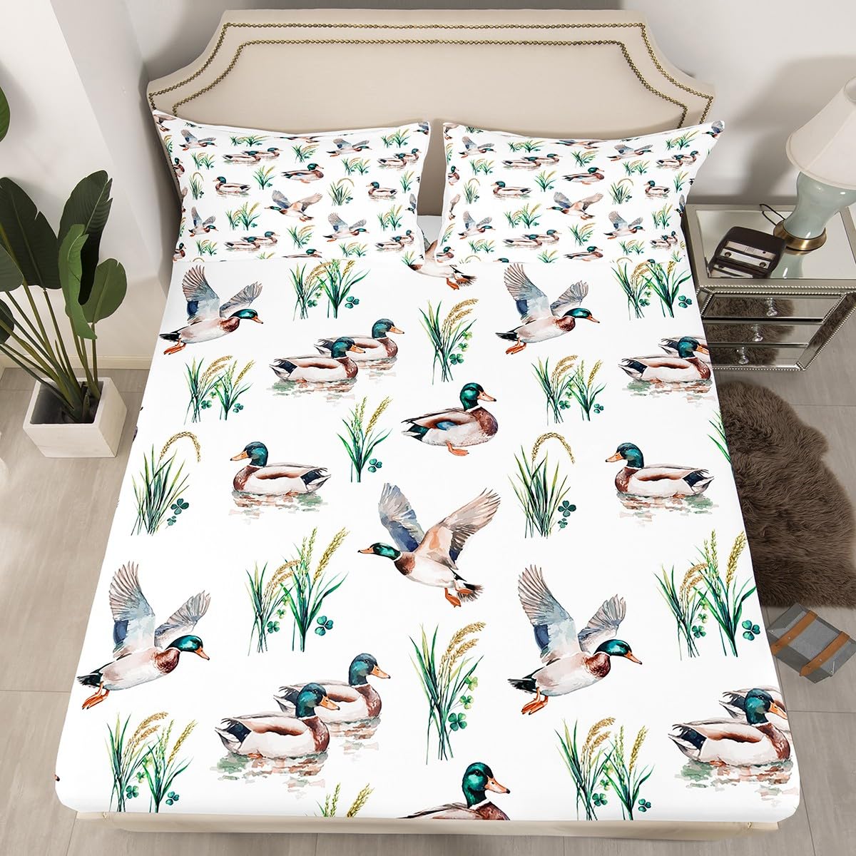 Feelyou Mallard Duck Bedding Set Twin Size for Boys Teens Kids Duck Hunting Bed Sheets Wild Animal Hunter Botanical Fitted Sheet Set Home Decor