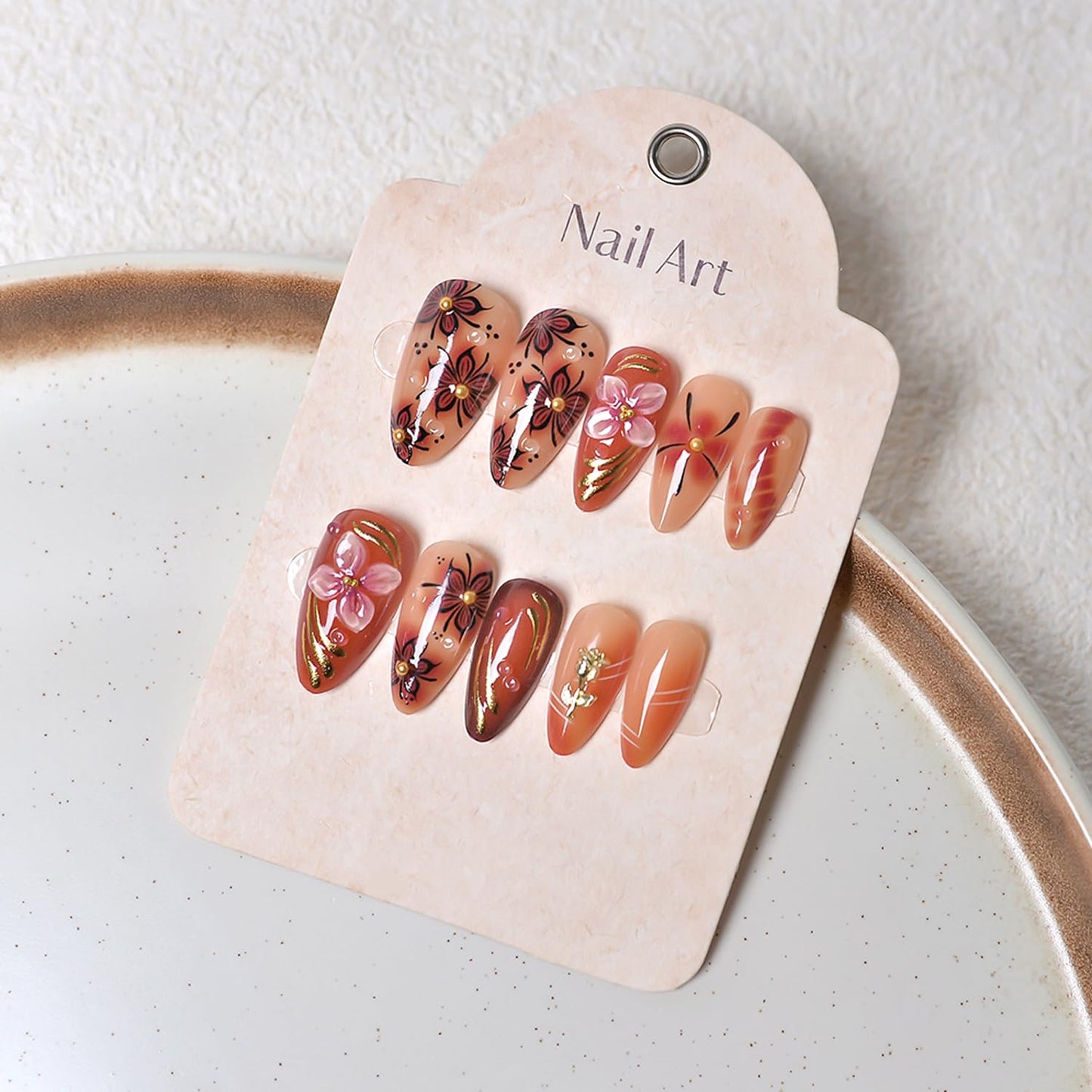 24Pcs Luxury Handmade Nails Kit 3D Flower Almond Press on Nails Medium Almond Brown with 3D Gold Beads Carved Floral Nails Designs Reusable Acrylic False Nails for Women