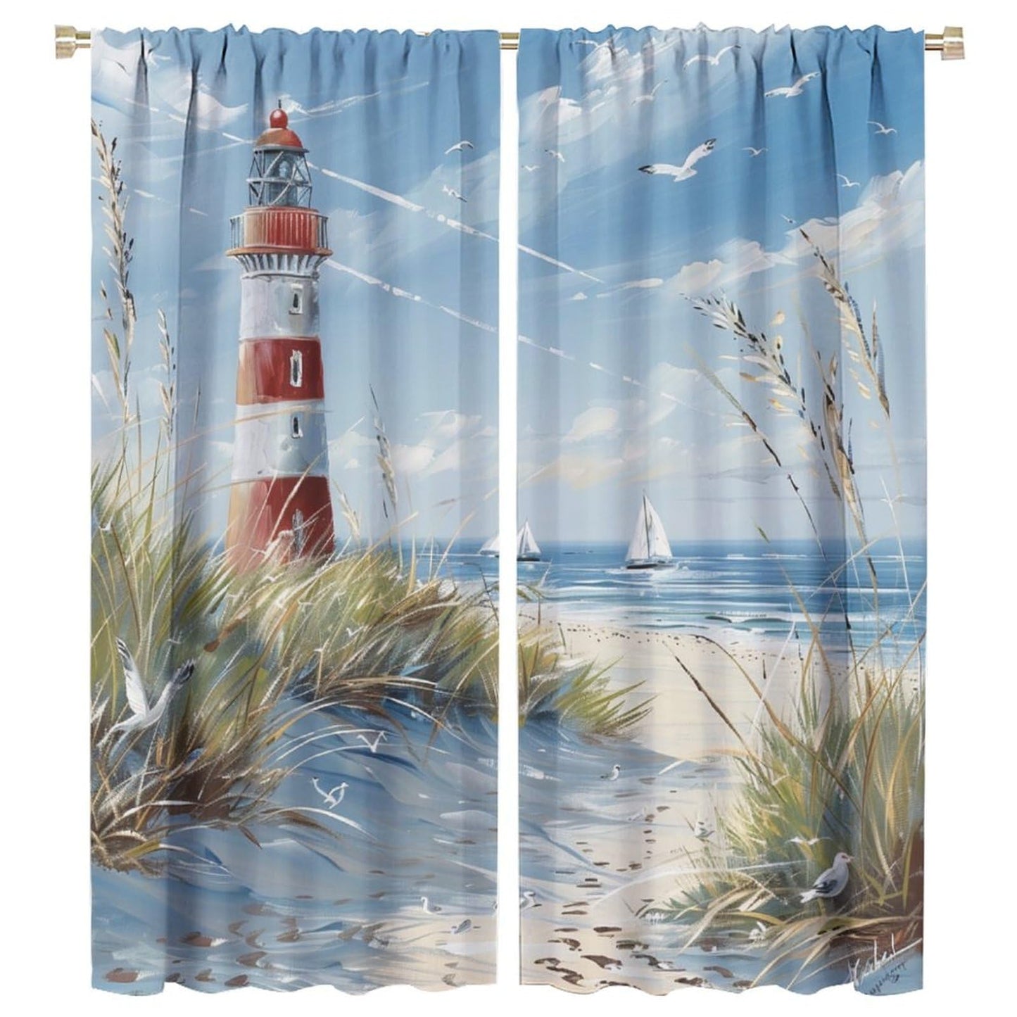 TOWINSFB Nautical Boat Lighthouse Blackout Curtains for Bedroom Living Room, Bird Beach Coast Nature Landscape Thermal Insulated Room Darkening Curtain- 2 Panels 45" L x 42" W
