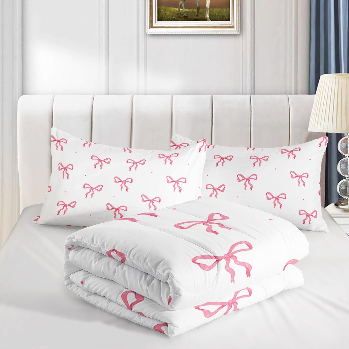 QOOMO 3Pcs Bow Comforter Set Twin,Pink Bow Bedding Set for Teens Boys Girls,Bowknot Printed Comforter with 2 Pillowcases,Down Alternative,Soft and Lightweight