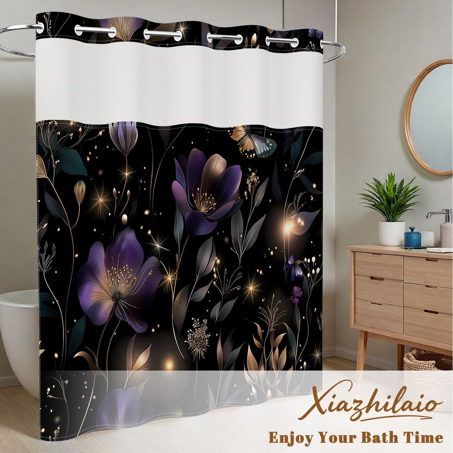 Xiazhilaio Dark Floral Bath Shower Curtain with Snap in Liner, 71x74 Inch
