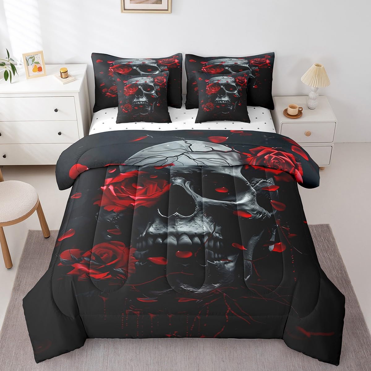 7 Pieces Twin Size Trippy Skeleton Comforter Set,Roses Flowers Psychedelic Bedding Set for Boys Girls,Gothic Skull Halloween Theme (Comforter+Fitted+Flat Sheet+2 Pillowcases+2 Throw Pillow Covers)