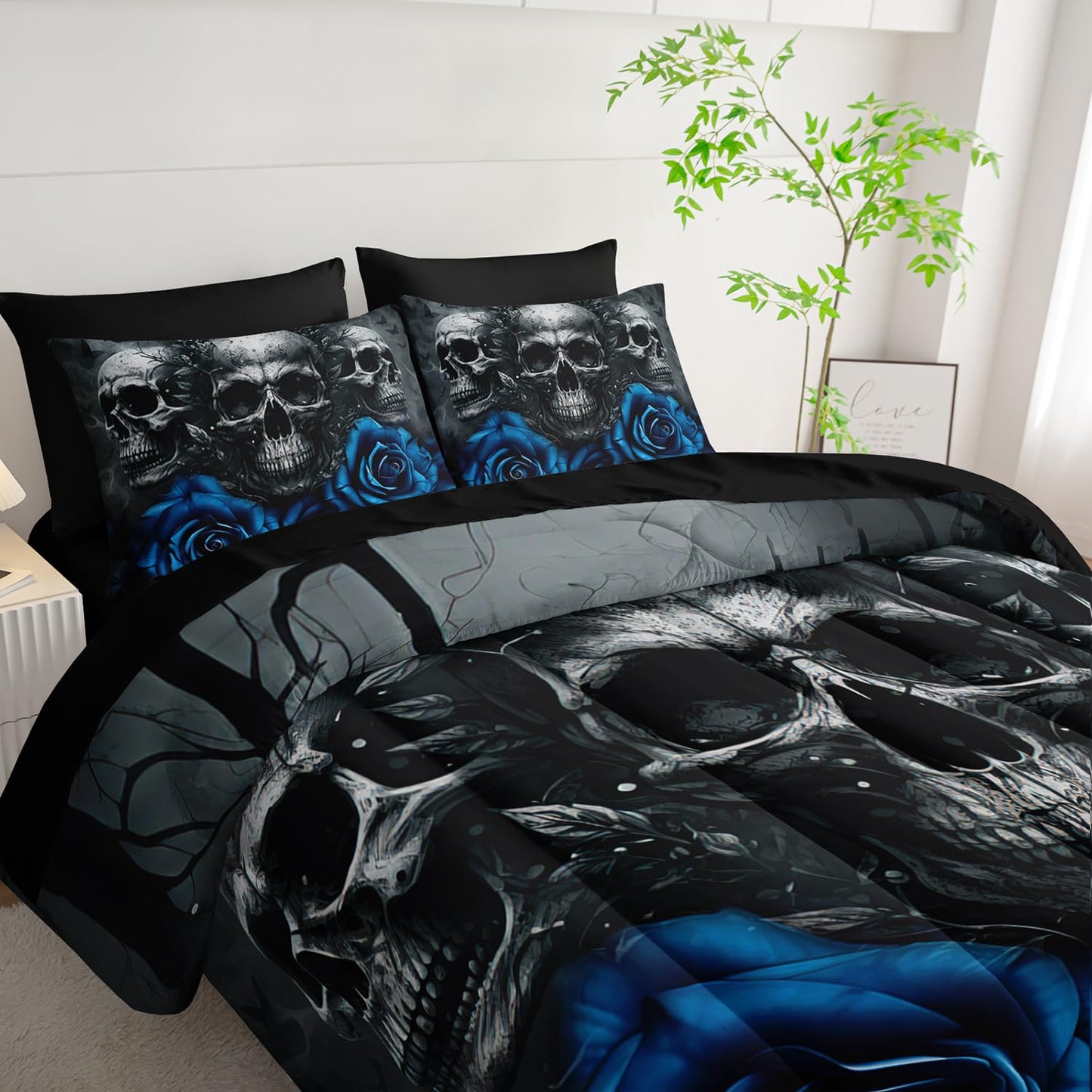 Tuzaovy Black Skull Comforter Set 7 Piece Twin Size Bed in A Bag,Goth Bedding for Room Decor,Soft Western Comforter Boho Hippie Bedding with Fitted Sheet,Flat Sheet, Pillowcases & Shams