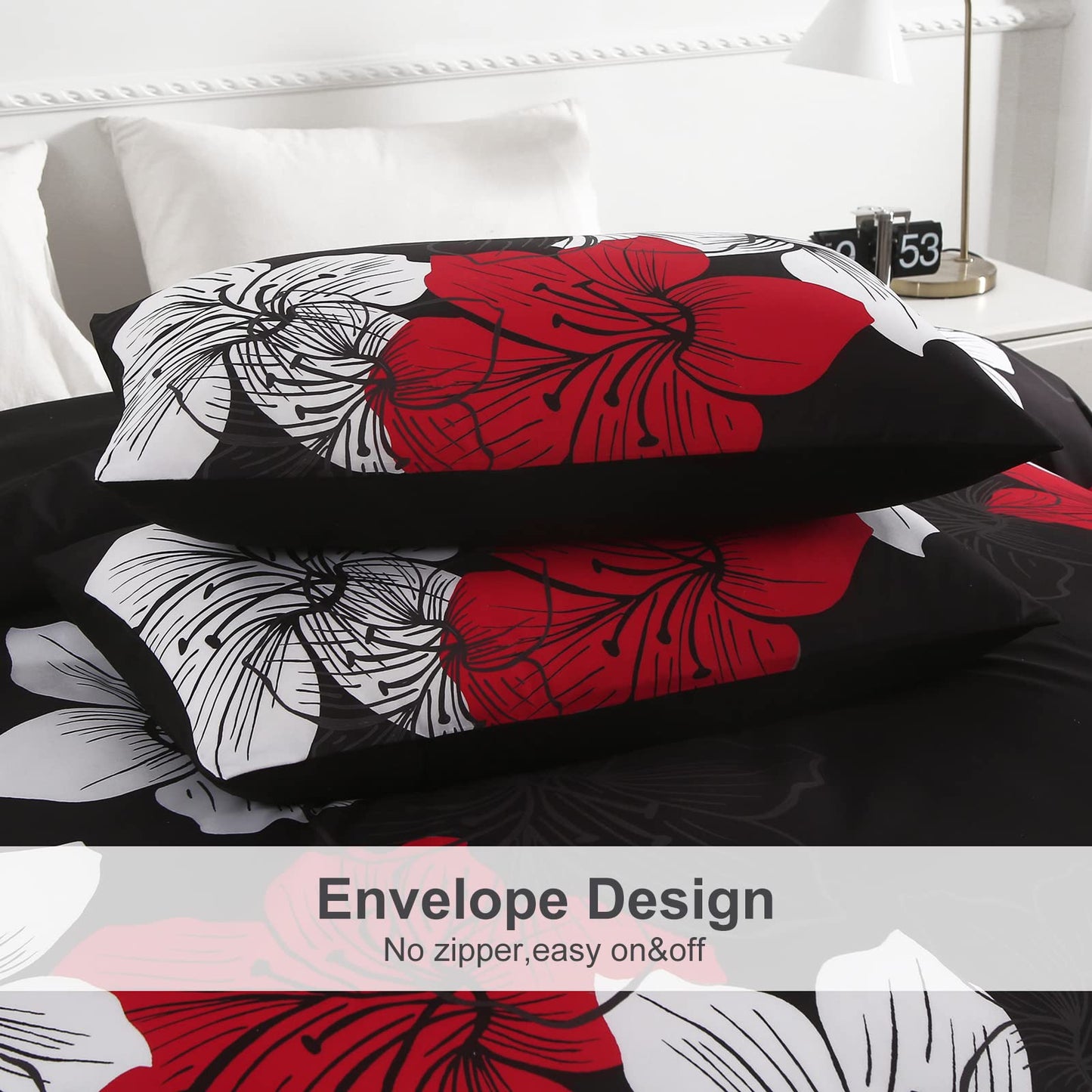 Menghomeus Black Comforter Set Queen Red and White Floral Comforter with 2 Pillowcases Modern Bedding Sets Lightweight Bed Set for All Season