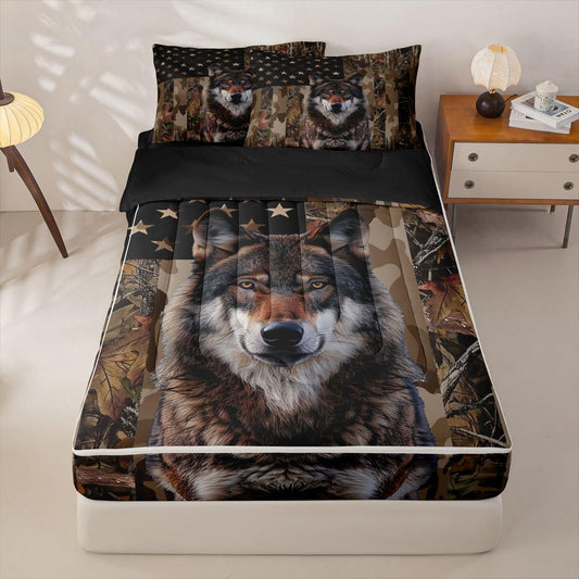 jejeloiu Wolf Hunting Camo Zipper Bedding for Kids Rustic Western Wolf Twin Comforter Set with Fitted Sheet 2 Pillowcases American Flag Bed in a Bag Brown Camouflage Soft Lightweight Microfiber