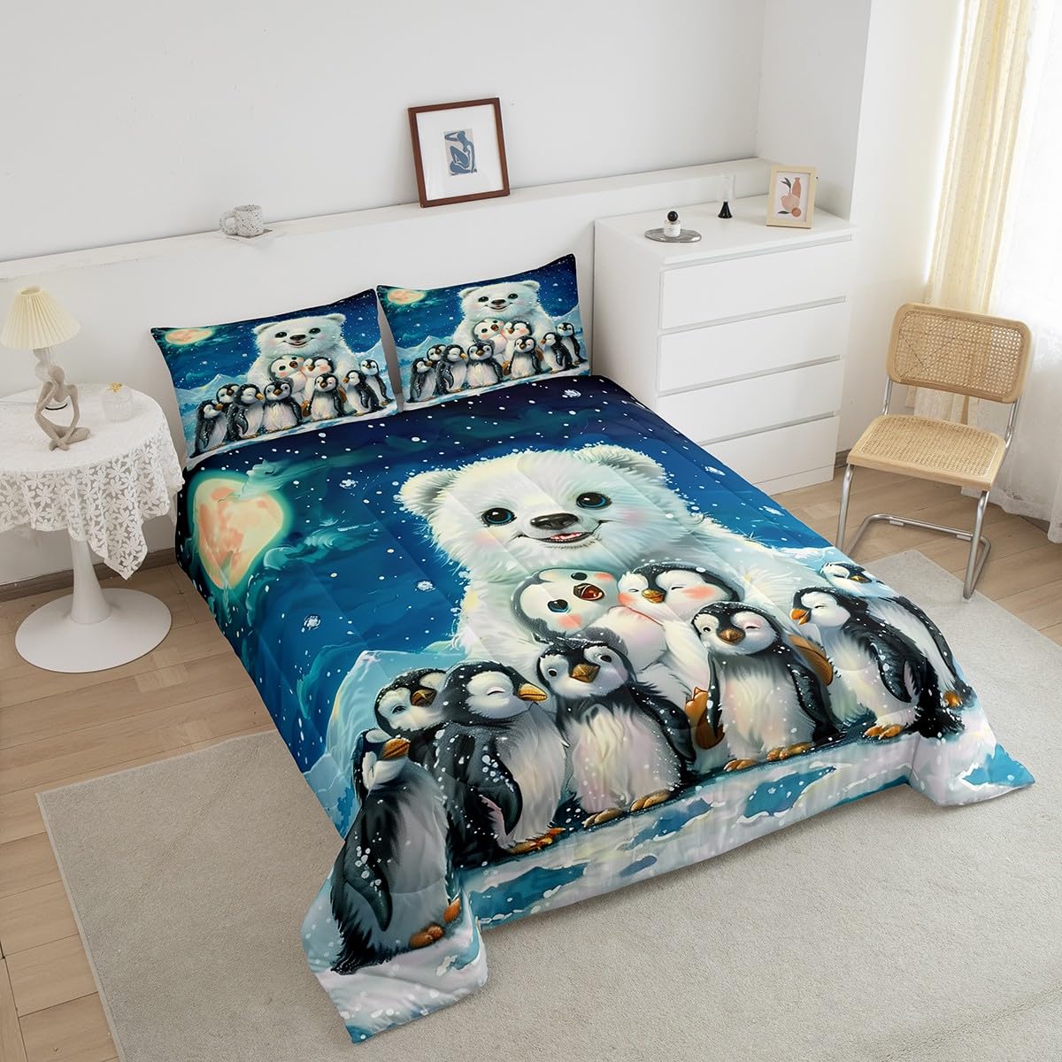 Polar Bear Penguin Comforter Set Queen Size,Galaxy Cartoon Wildlife Bedding Set,Kids Boys Girls Room Decor,Cute White Bear Quilt Set Winter Snowy Wild Animals Theme Blue Duvet Insert,2 Pillowcases