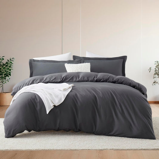 Hearth & Harbor Queen Size Duvet Cover & Bed Sheet Set Dark Grey, 7 Piece Soft Double Brushed Bedding Set, Includes Duvet Cover, Flat Sheet, Fitted Sheet, Pillowcases and Pillow Shams