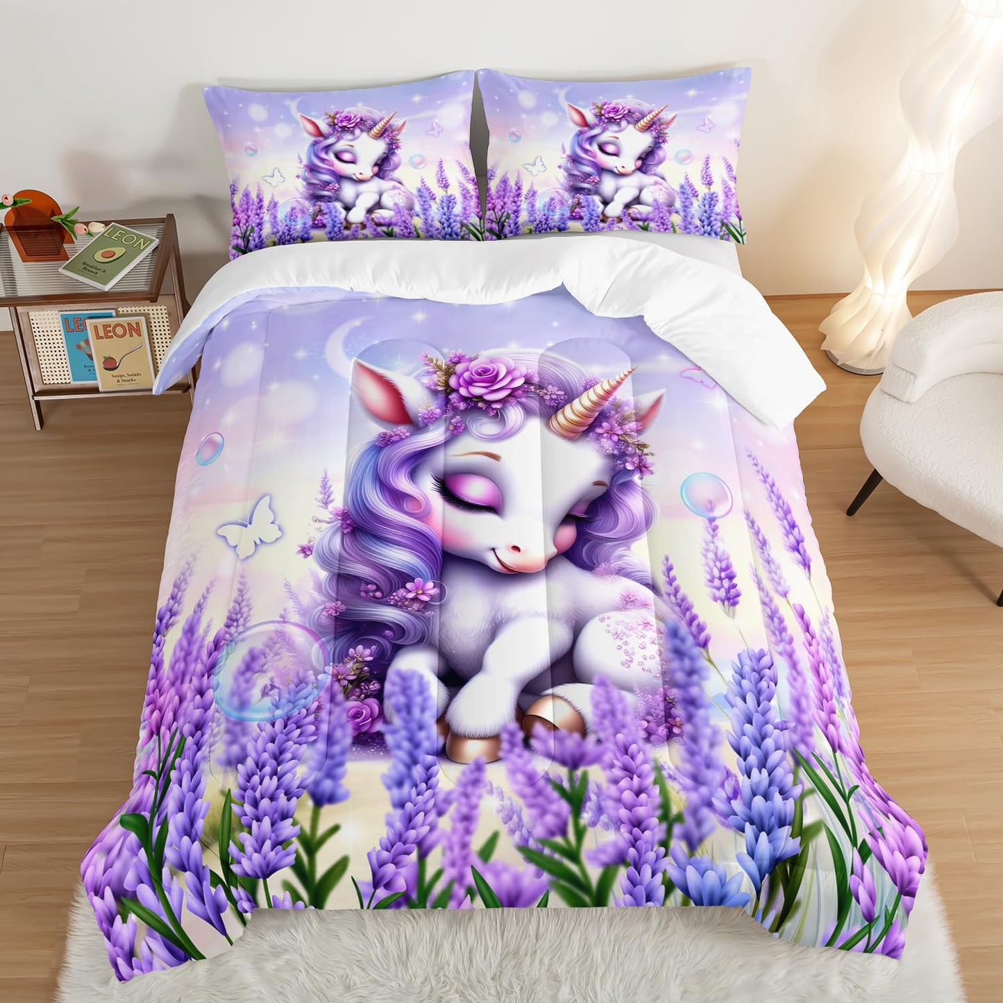 UEVBF Cartoon Unicorn Bedding Twin Size for Toddler Girls Room Decor,Lavender Flash Kids Comforter Sets with 2 Pillowcases.