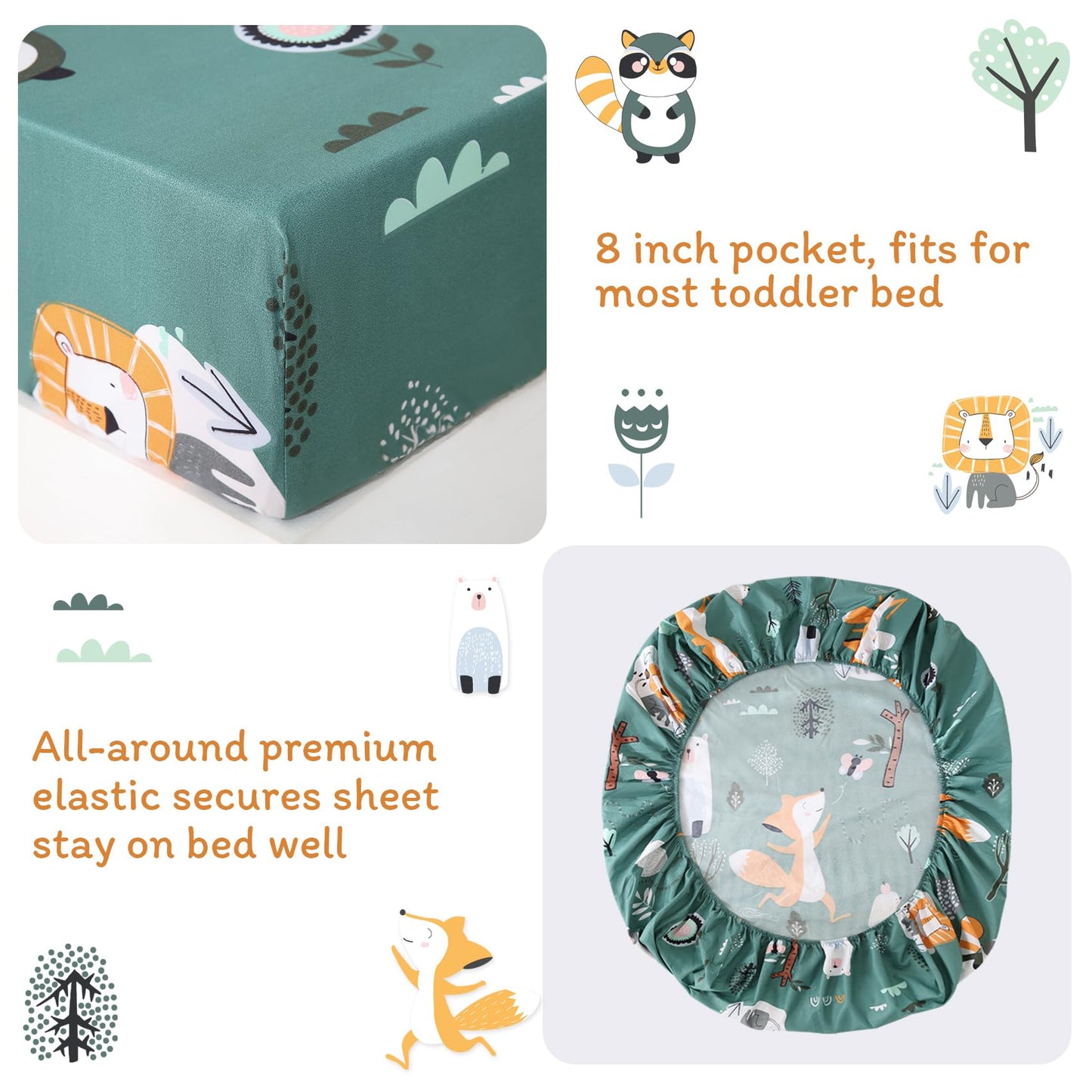 JSD Green Forest Animals Toddler Bedding Set, 4 Piece Bed-in-Bag Toddler Comforter Sheet Set, Machine Washable
