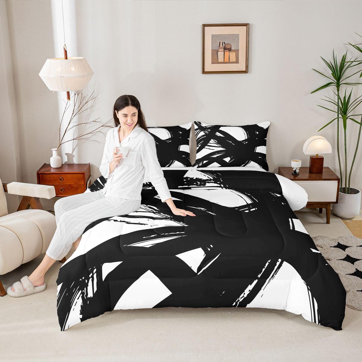 jejeloiu Black and White Comforter Set King Size， Abstarct Bedding Set for Kids Boys Girls Modern Stripe Neutral Art Duvet Quilt Bedroom Decor Microfiber 3 Pcs with 2 Pillow Cases