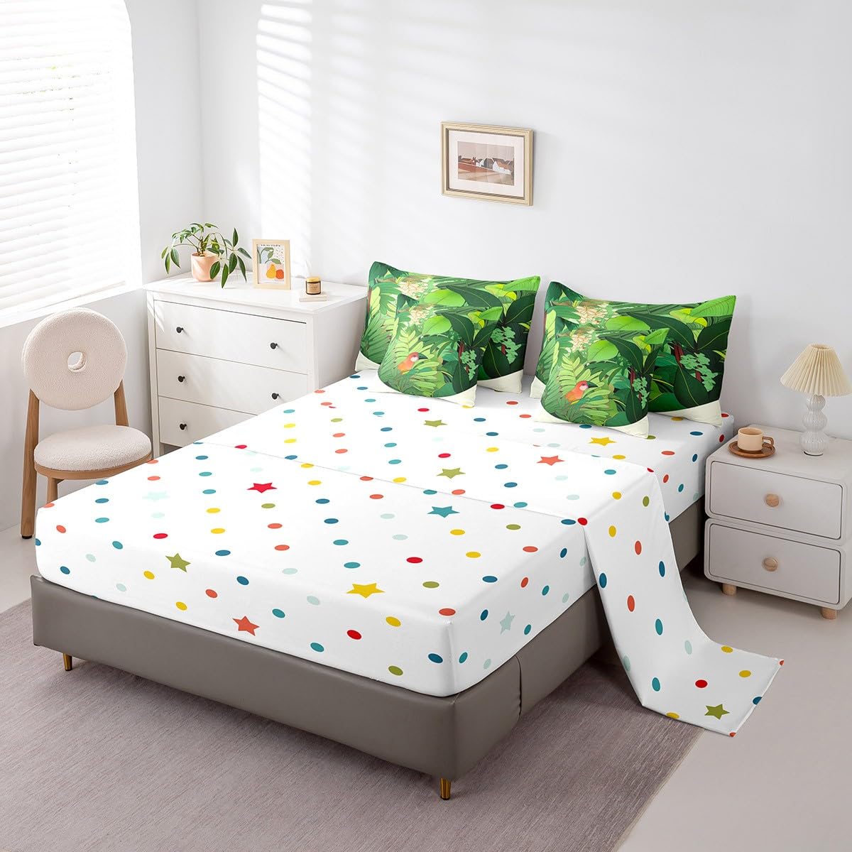 Erosebridal Palm Leaf Bedding Set King Size, Funny Toucan Hawaiian Summer Comforter Set, Tropical Plant Kids Teens (Comforter+Fitted+Flat Sheet+2 Pillowcases+2 Throw Pillow Covers) 7 Pieces Bed Set