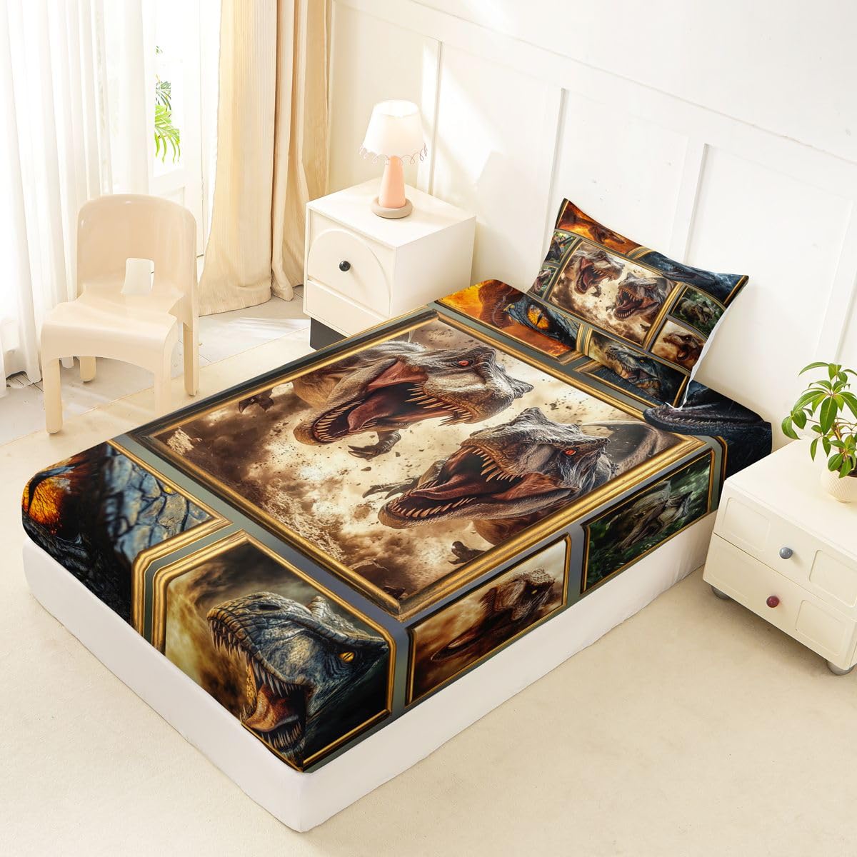 Feelyou Dinosaur Bed Sheets Sets Twin Size Kids Boys Girls 3D Digital Print Bedding Set Jungle Dino Bed Sheet Set with 16-Inch Deep Pockets Blue Orange White Yellow 3Pcs with 1 Pillow Cases Wildlife