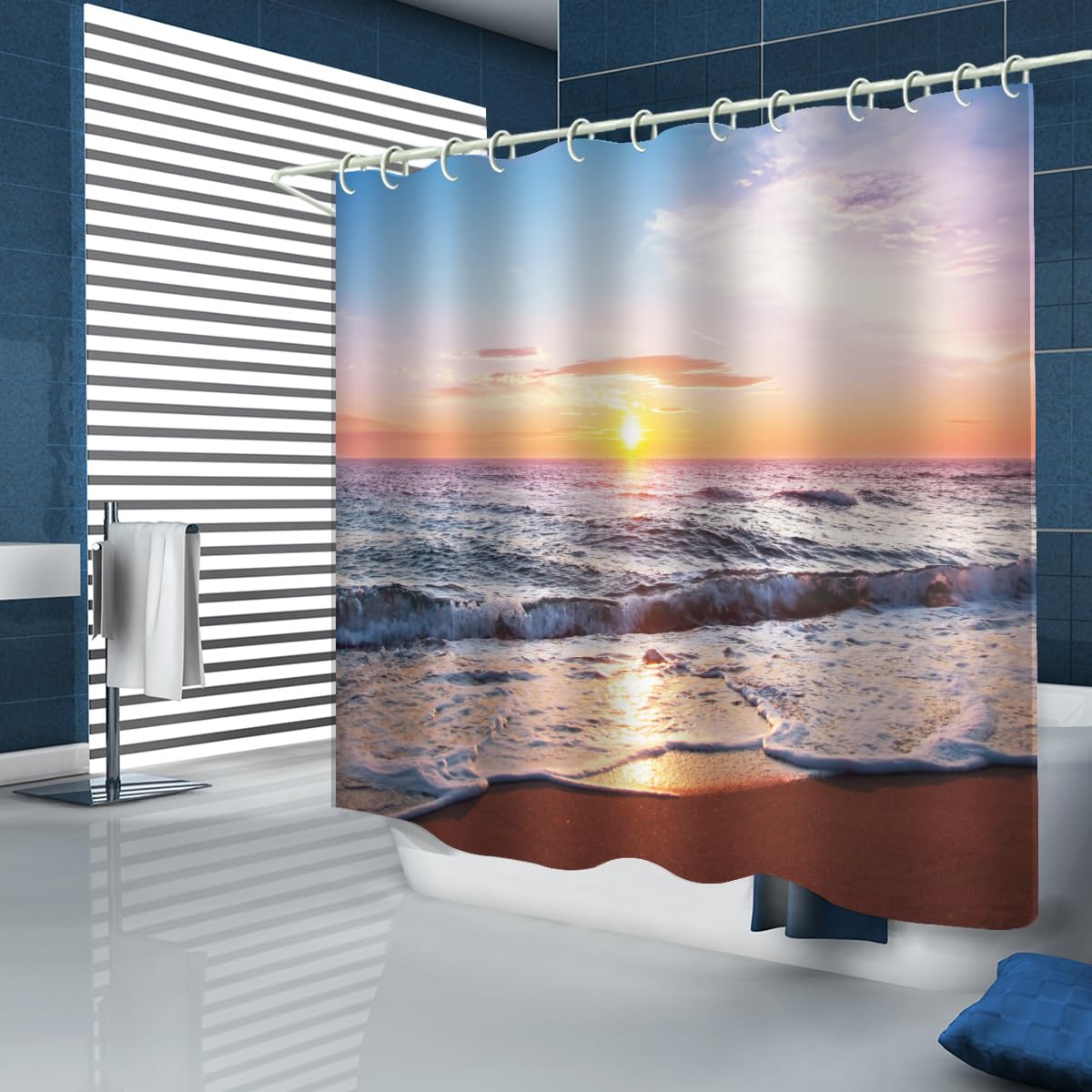LYFANS Bathroom 3D Beach Sunset Decorative Shower Curtain, 72x72 Inch Waterproof Fabric Shower Curtains with 12 Hooks