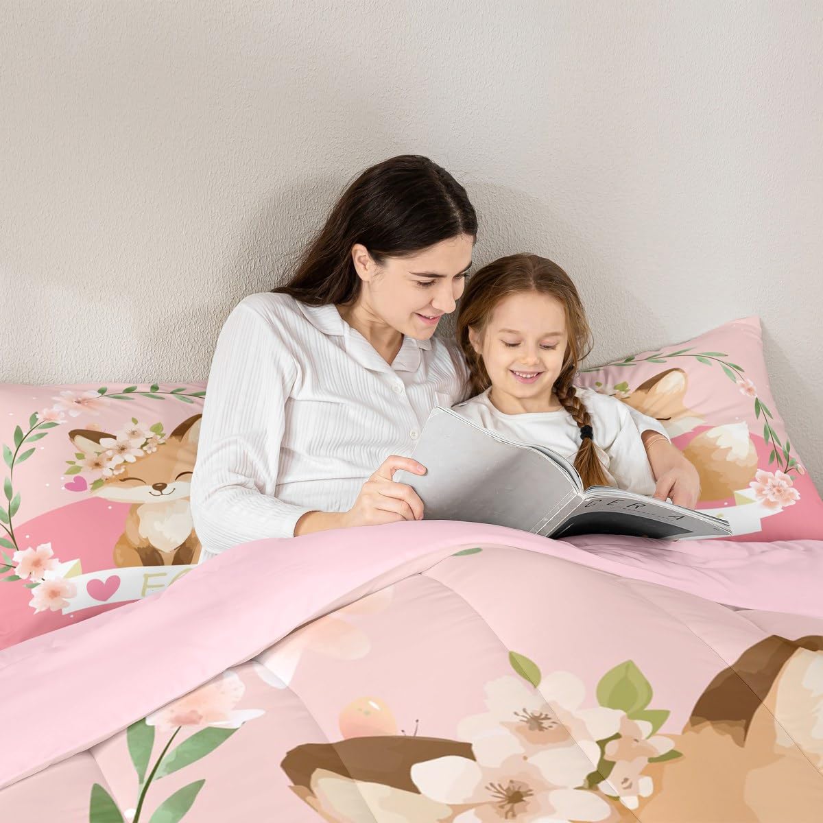 Feelyou Girls Cartoon Fox Comforter Set Cute Fox Bedding Set for Kids Boys Girls Kawaii Animal Duvet Set Botanical Floral Comforter 1 Comforter Set with 1 Pillowcase Twin Size