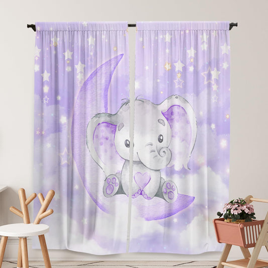 Yilinata Watercolor Purple Elephant Window Curtains for Kids Boys Girls Twinkle Star Baby Living Room Bedroom Nursery Toddler Home Rod Pocket Drapes Party Decor Durable Fabric 84 in x 84 in