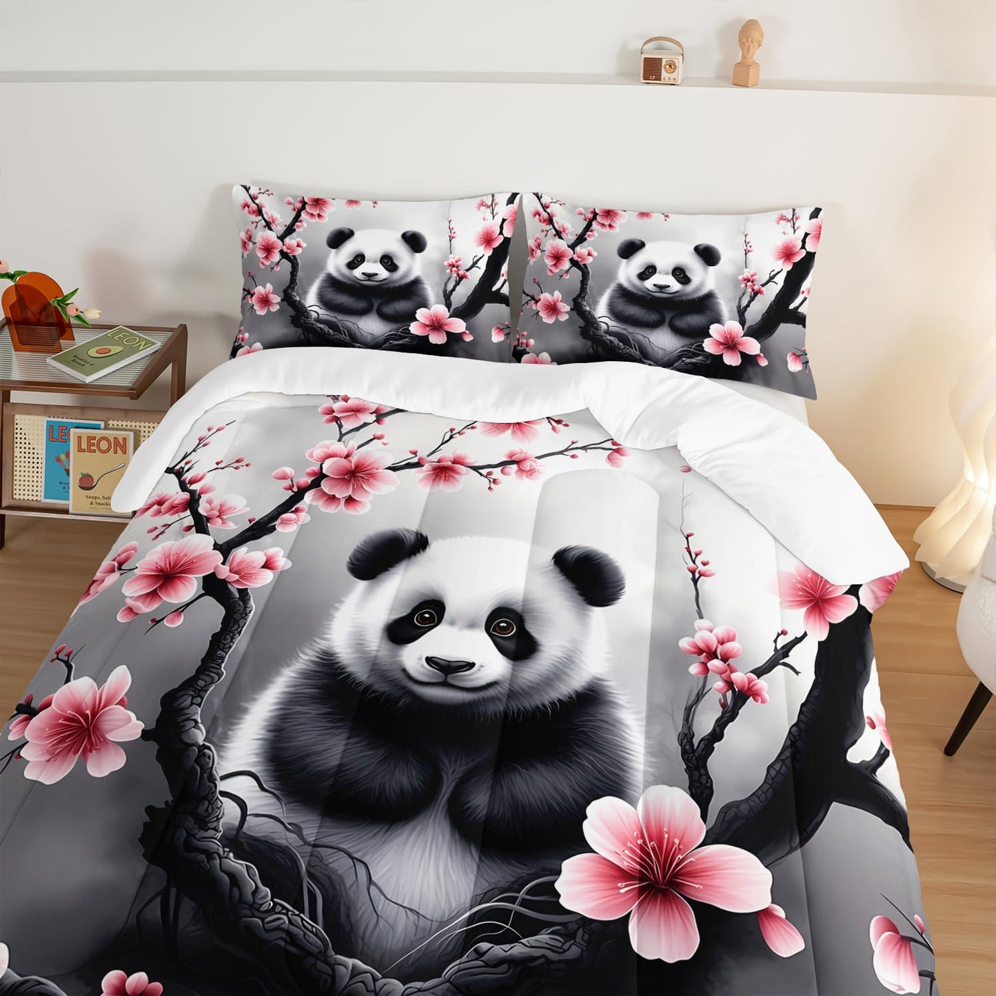 HOSIMA Panda Twin Comforter,Cute Panda Sitting Surrounded by Flowers on Branches,Gray White Ink Background Pattern Animal Bedding for Kids Boys Girls Room Decor,Cute Bedding with 2 Pillowcases.