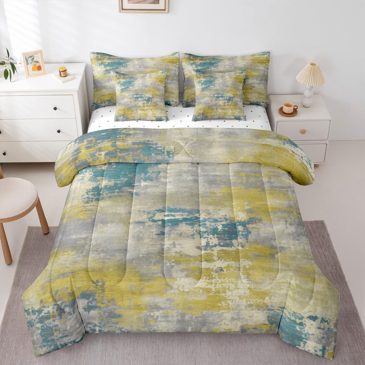 Erosebridal Lime Green and Blue Watercolor Comforter Set 7 Pcs,Modern Abstract Bed in A Bag for Kids Teens Adult,Ombre Gradient Tie Dye Fitted Sheet,Grunge Aesthetic Quilt Set (Lime Green Blue,King)