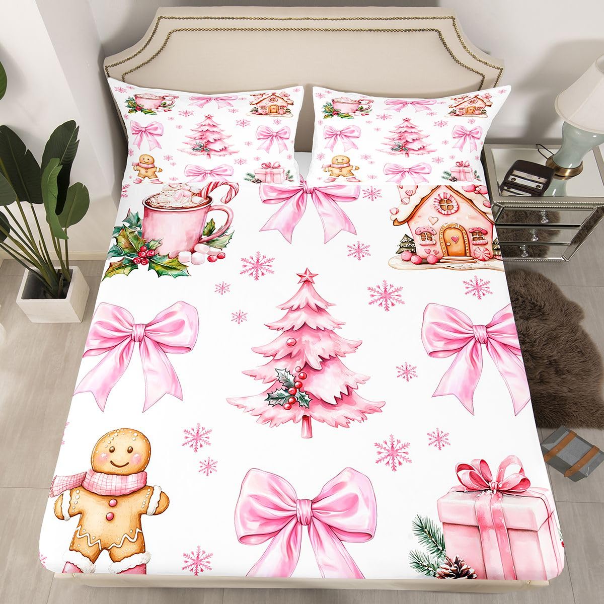 Merry Christmas Kids Full Size Fitted Sheet,Bowknot Gingerbread Man Xmas Tree Boys Girls Bed Sheets,Poinsettia Snowflake Winter Room Decor,Pink White Bedding Set,2 Pillowcases(No Flat)