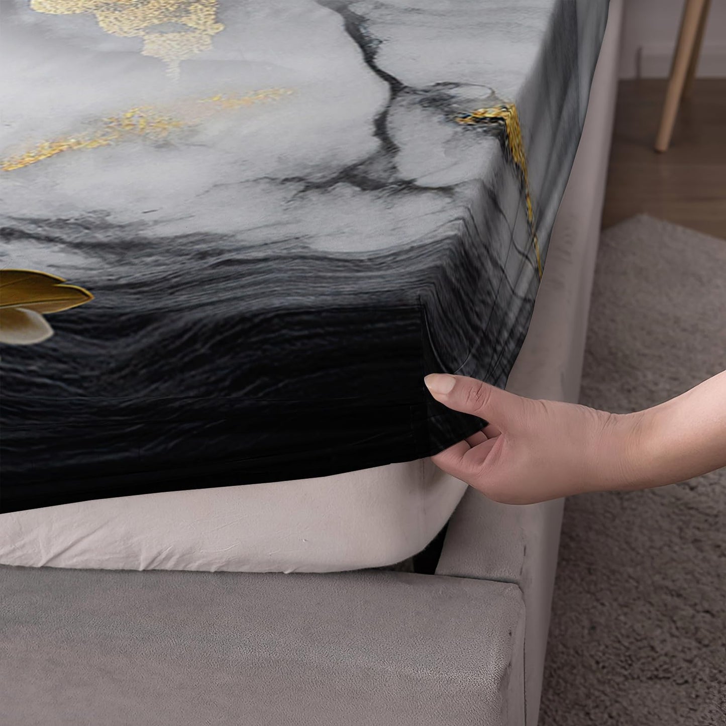 AILONEN Floral Fitted Sheet Set Queen Size, Blossom Marble Pattern Bedding Set for Kids Teens Adults,Black and White Bed Sheet Set,1 Fitted Sheet and 2 Pillowcases,3Pcs