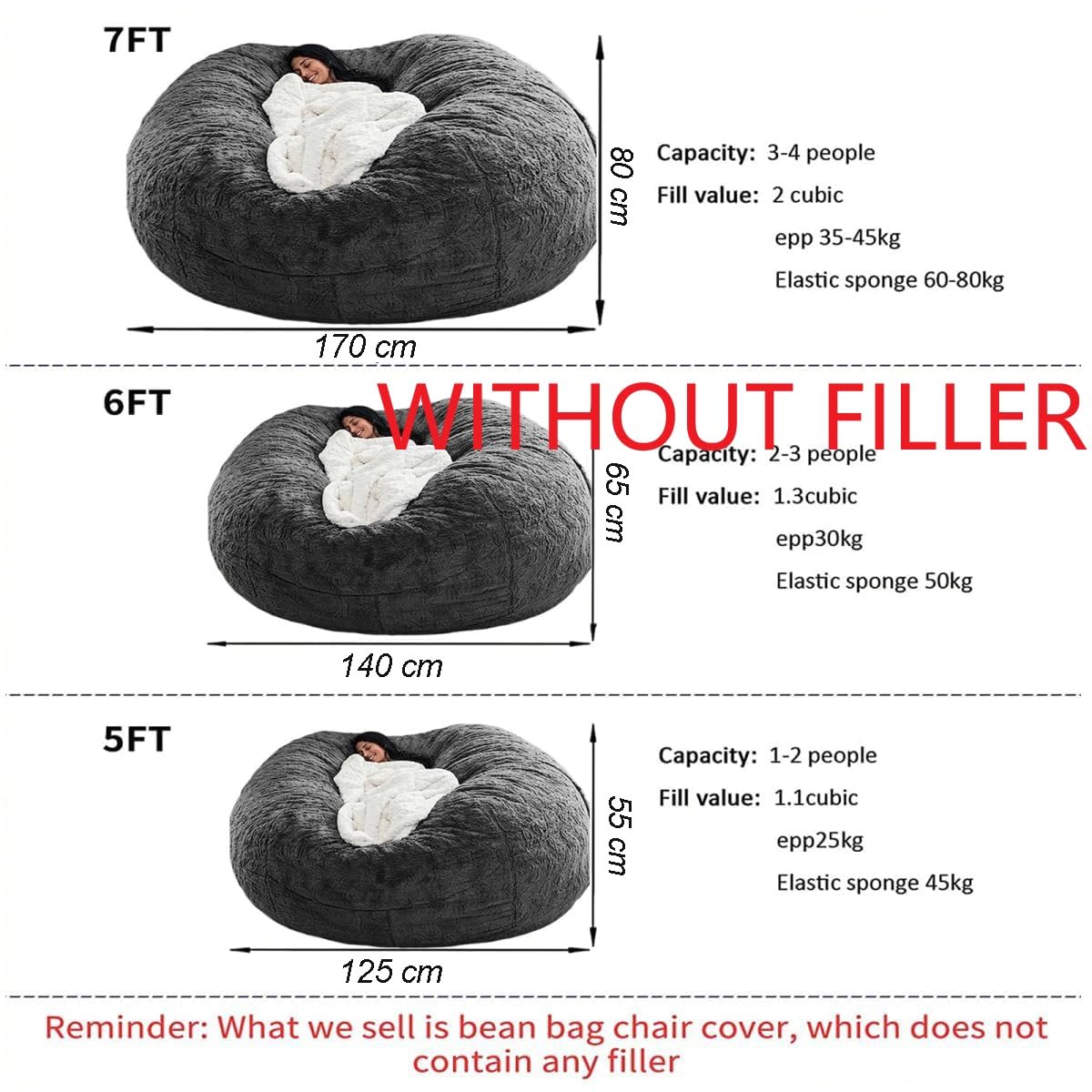 HDMLDP Bean Bag Chair for Adults Kids Without Filling Comfy Fluffy Giant Round Beanbag Lazy Sofa Cover for Reading Chair Floor Chair, 6FT, Grey