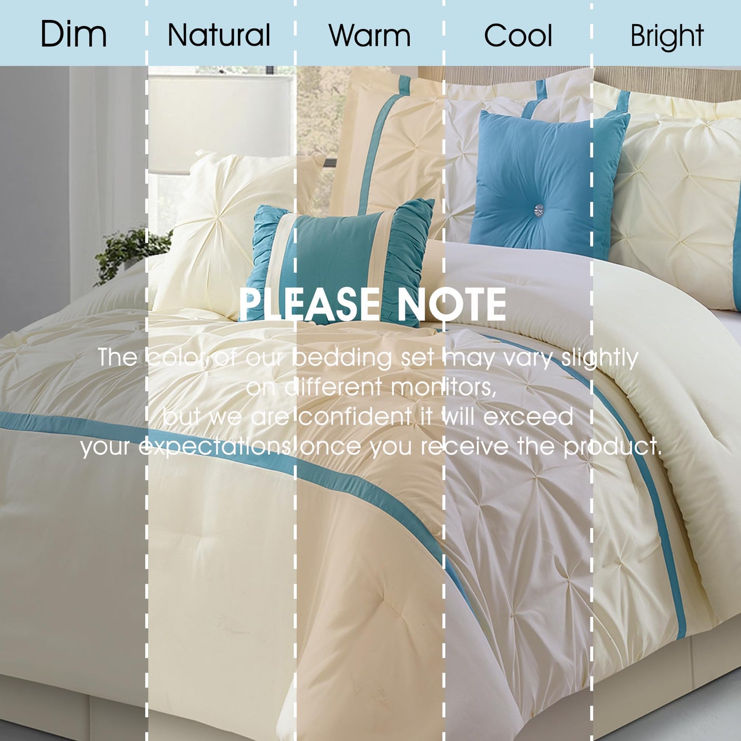 LANCO MODERN LIFESTYLE Beige Blue Comforter Set, King, 7 Piece Bed in a Bag, Microfiber Handcrafted Pintucking, All Season Bedding Set with Comforter, Bedskirt, Pillow Shams and Decro Pillows