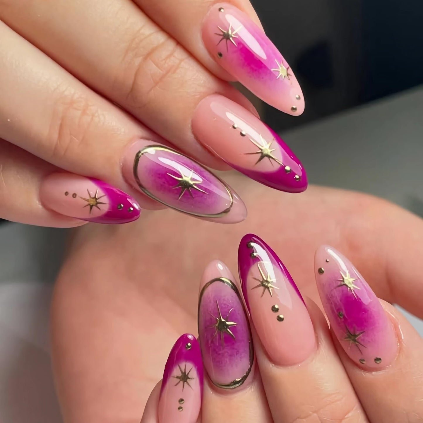 BABALAL Purple Press on False Nails Medium Almond Fake Nails Ombre Glue on Acrylic Nails French Tip Y2k Star Design Supplies 24Pcs Full Cover for Women Girls