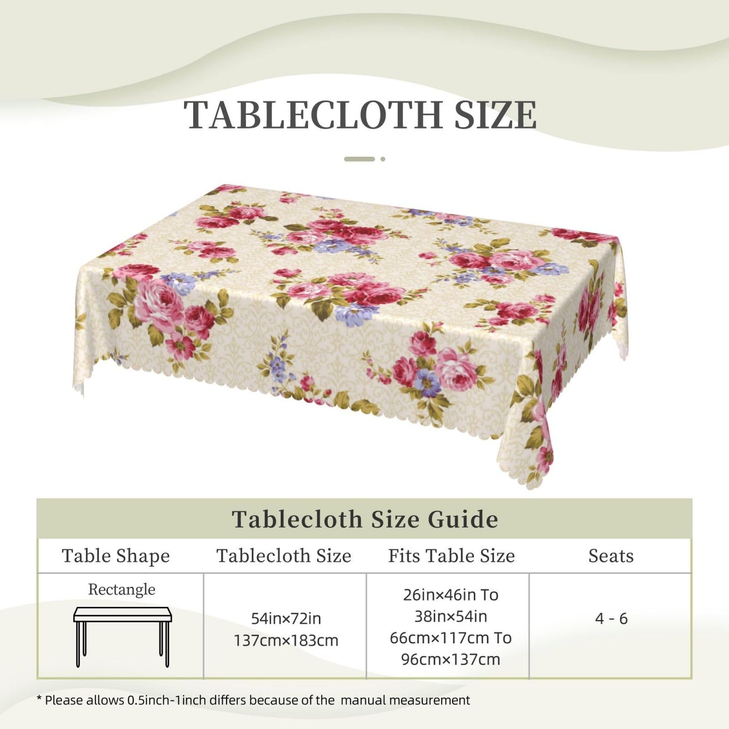 XUNNEECY Rose Pattern Tablecloth 54x72 Inches, Pink Floral Rectangular Polyester Table Cover with Wave Lace, Washable Dining Table Cloth for Kitchen, Party, Outdoor