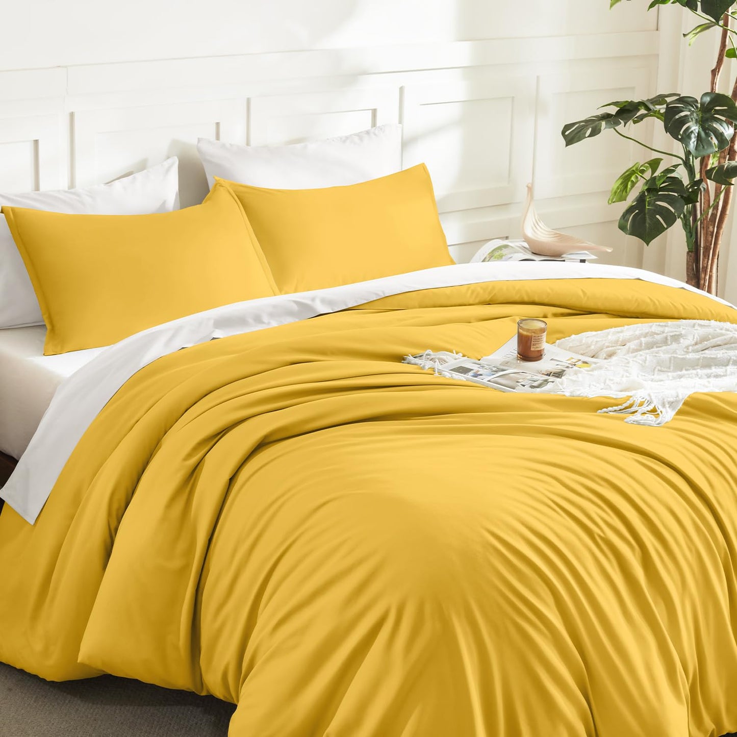 Litanika Mustard Yellow Comforter Set King Size, 3 Pieces Lightweight Solid Bedding Comforter Set, All Season Fluffy Bed Set (104x90In Comforter & 2 Pillowcases)