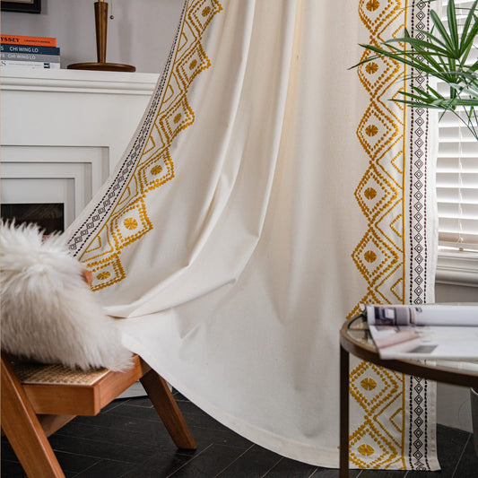ColorBird Boho Curtains for Summer Living Room Light Filtering Yellow and Brown Embroidered Apartment Decor, Decorative Textured Rod Pocket 63 Inch Curtains & Drapes for Dining Room Bedroom