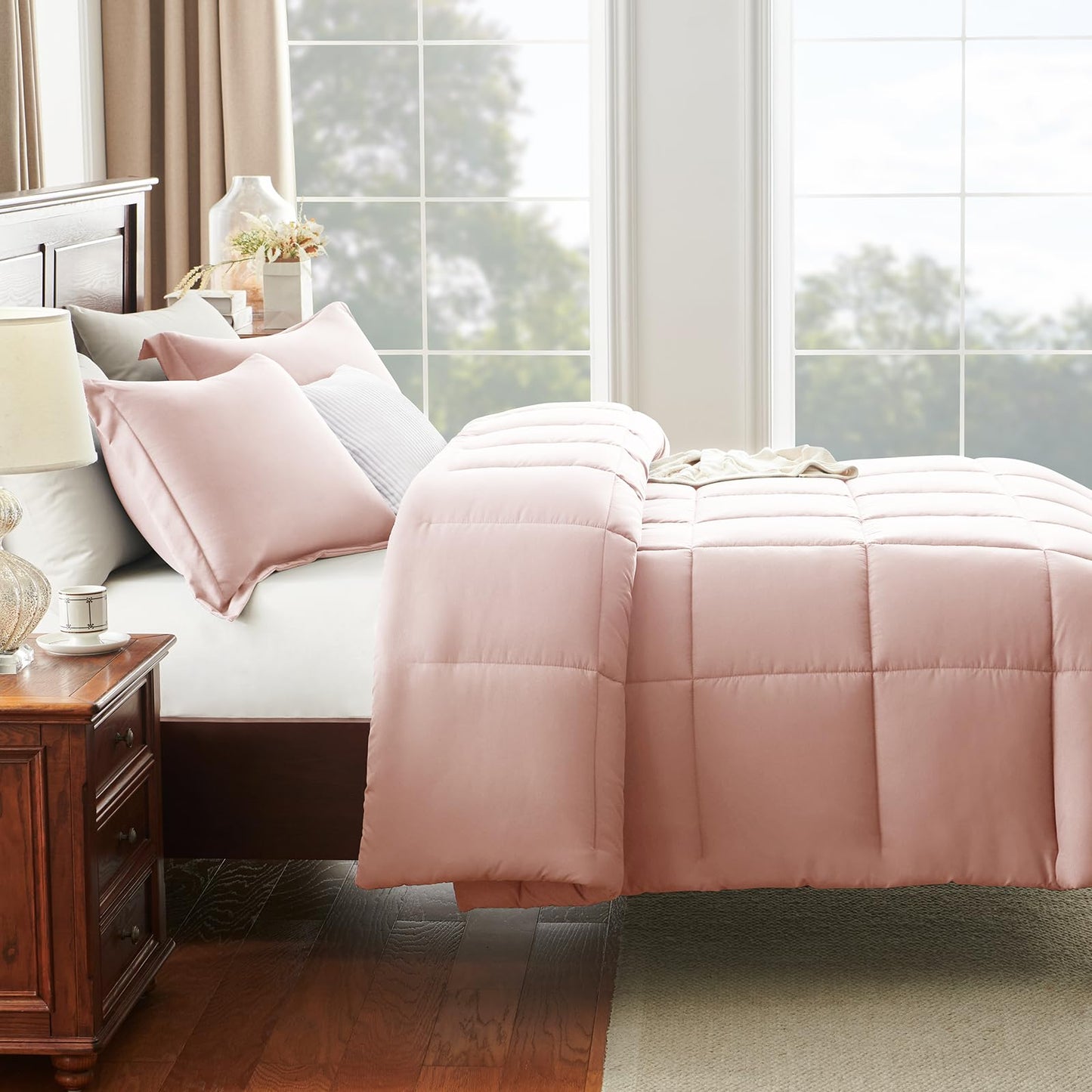 CozyLux Queen Comforter Set - 270GSM Blush Pink Bedding Sets for All Seasons, 3 Pieces Box Stitched Bed Set with 1 Down Alternative Comforter and 2 Pillow Shams, Soft, Lightweight, Breathable
