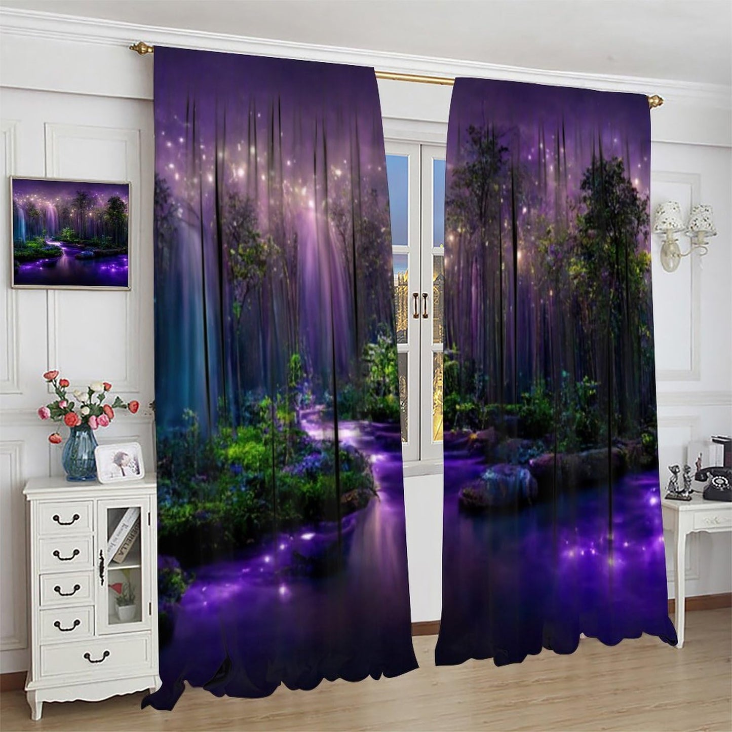 DDCBNS Fantasy Forest Curtains,Purple Magical Nature Landscape Window Treatments for Bedroom Living Room Dreamland Scenery Waterfall Drapes 2 Panels Set,Total Size 42 x 45 Inch