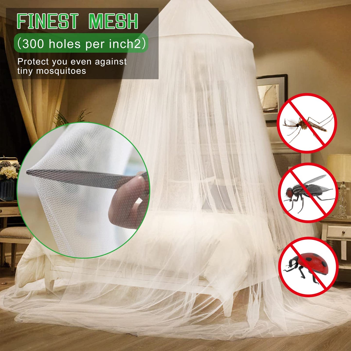 VISATOR Mosquito Net Bed Canopy for Girls,King Canopy Bed Curtains Queen Size from Ceiling,Dome Mosquito Netting Bed Tent Twin Girls Canopy Bed Decor for Baby Crib,Kid Bed and Adult Beds (White Dome)