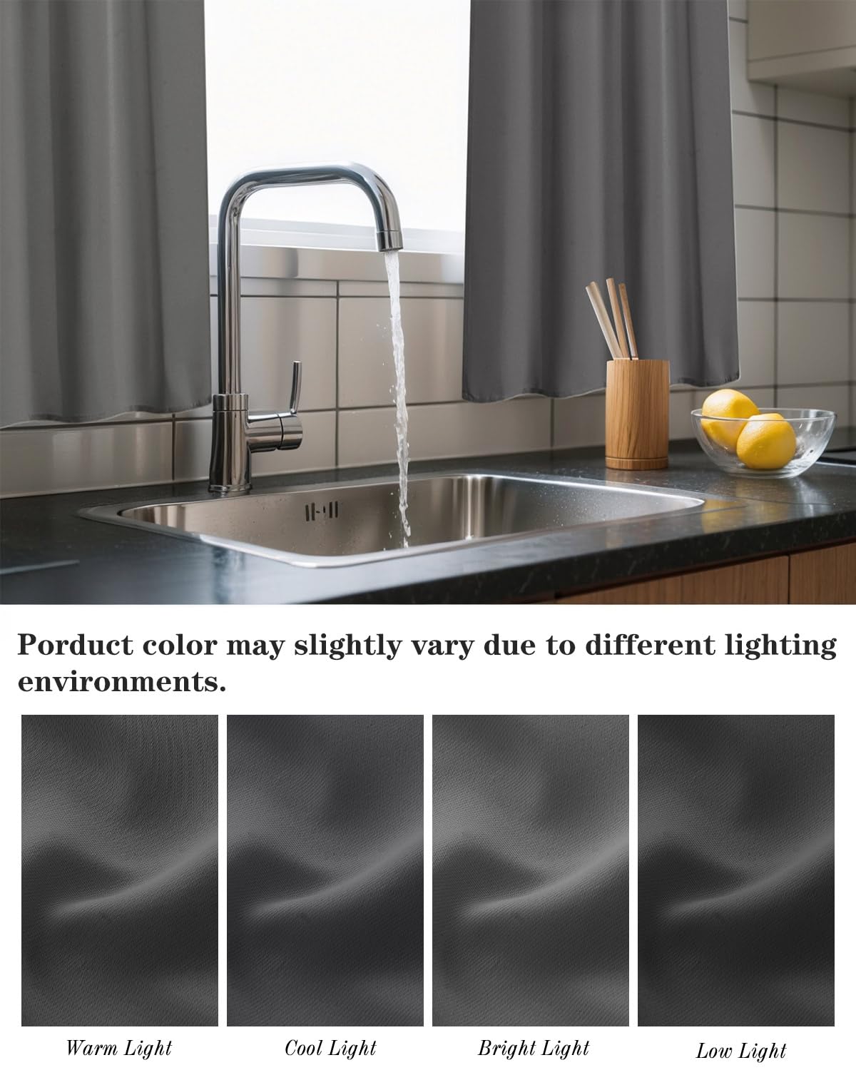 Easy Home 3 Piece Solid Color Blackout Window Curtain Set with Tiers and Valance Rod Pocket Thermal Privacy Curtain Tiers for Kitchen, Living Room, Bathroom Shades, W27 x L36 Inch,(Dark Gray)