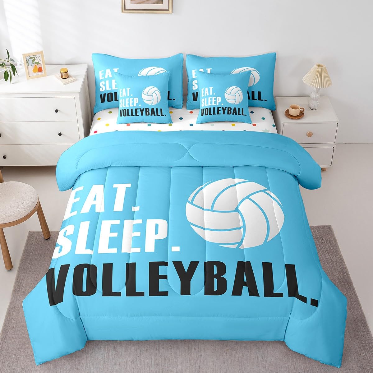 Feelyou Volleyball Comforter Set 7 Piece 3D Ball Sports Bedding Twin Comforter Set for Boys Girls Women Men Blue Eat Sleep Volleyball Bedding Set Ball Games Room Decor Bed in a Bag