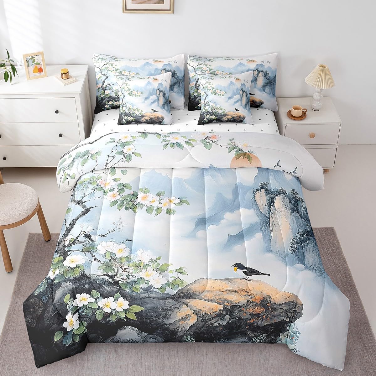 Feelyou Kids Cute Sparrow 7 Pieces Bedding Set Queen Size, Nature Spring Bed in A Bag Boys Girls Floral Botanical Comforter Set with Sheets Smoky Mountain Teens Bed Set Bedroom Decor 7Pcs
