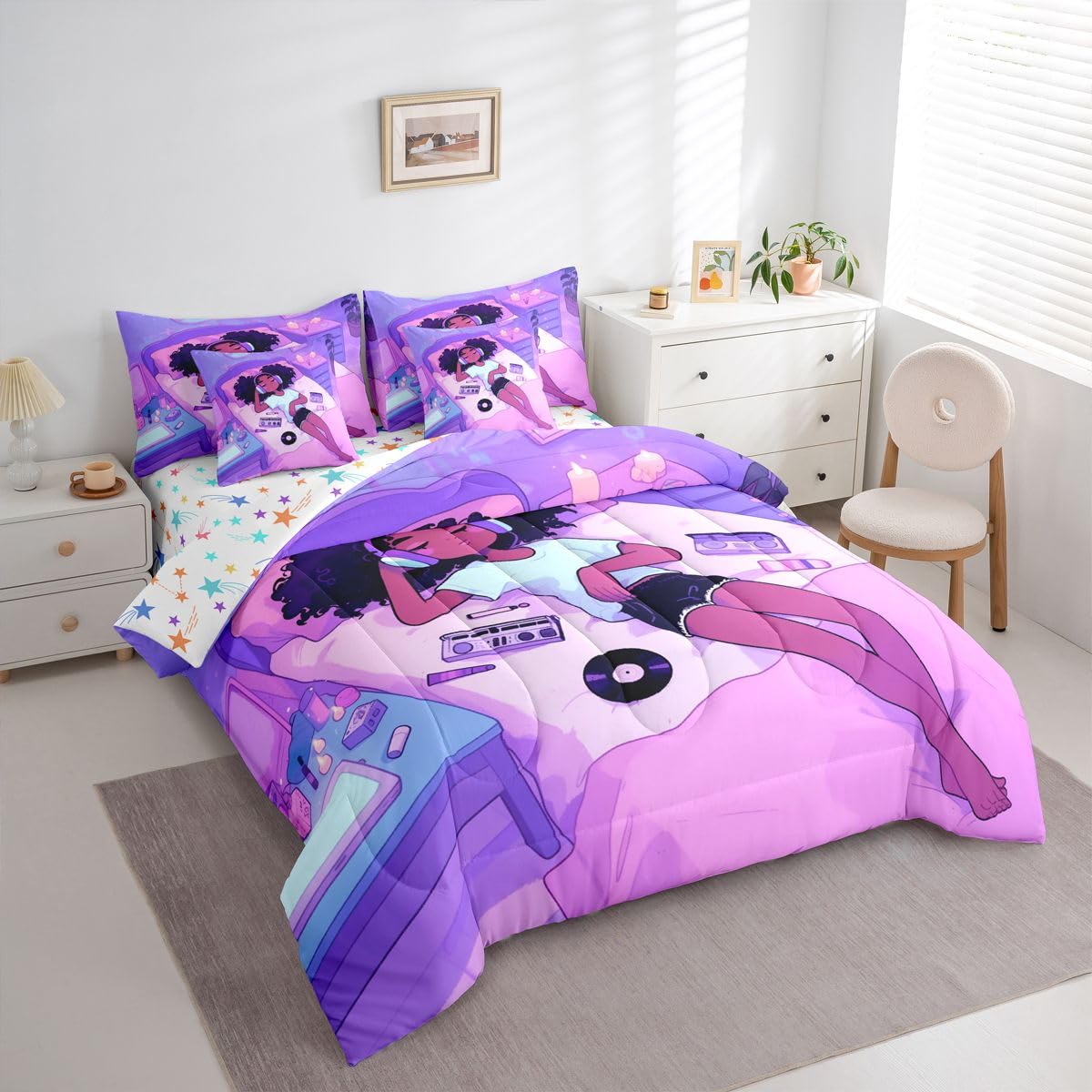 Erosebridal Cute Black Girls Magic Queen Bedding Set Cartoon Girl with Headphones Comforter Set Retro Vinyl Records 7-Piece Bed in a Bag Vibrant Purple Trendy Music Aesthetic Quilt Sets