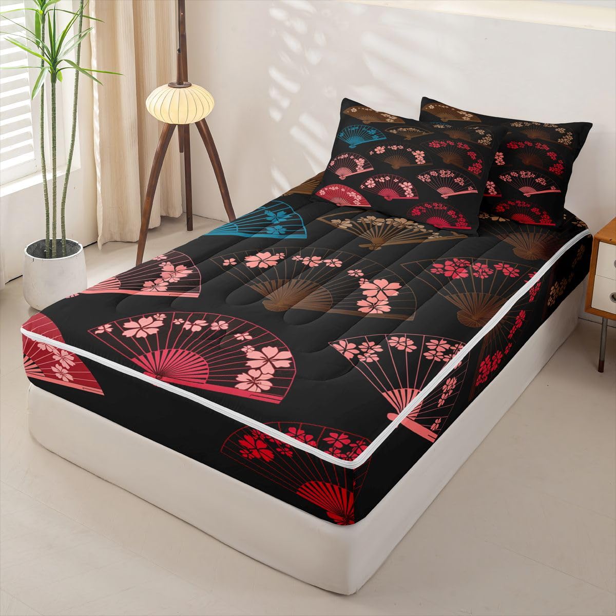 Erosebridal Japanese Kids Comforter Set with Zipper, Japanese Fan Twin Size Zipper Bedding Set, Colorful Japan Style Fans Bed-in-A-Bag