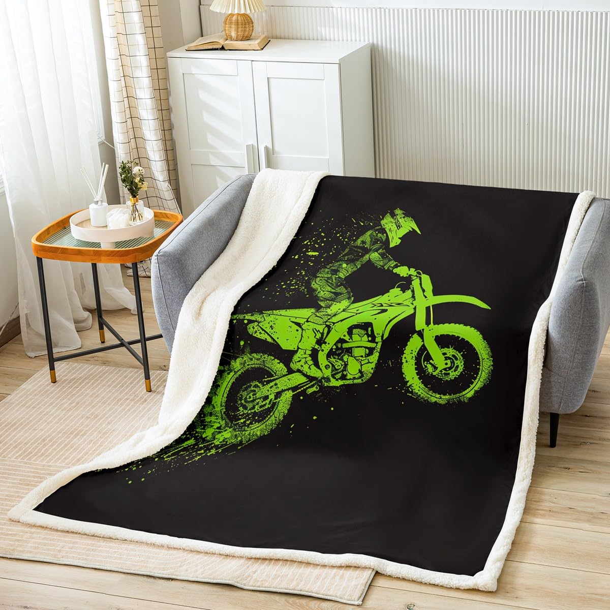 Feelyou Motocross Rider Fleece for Sofa Bed Couch Extreme Sports Theme Plush Dirt Bike Motorbike Sherpa Blanket Throw Blanket Green Black Room Decor Fuzzy 50"x60"
