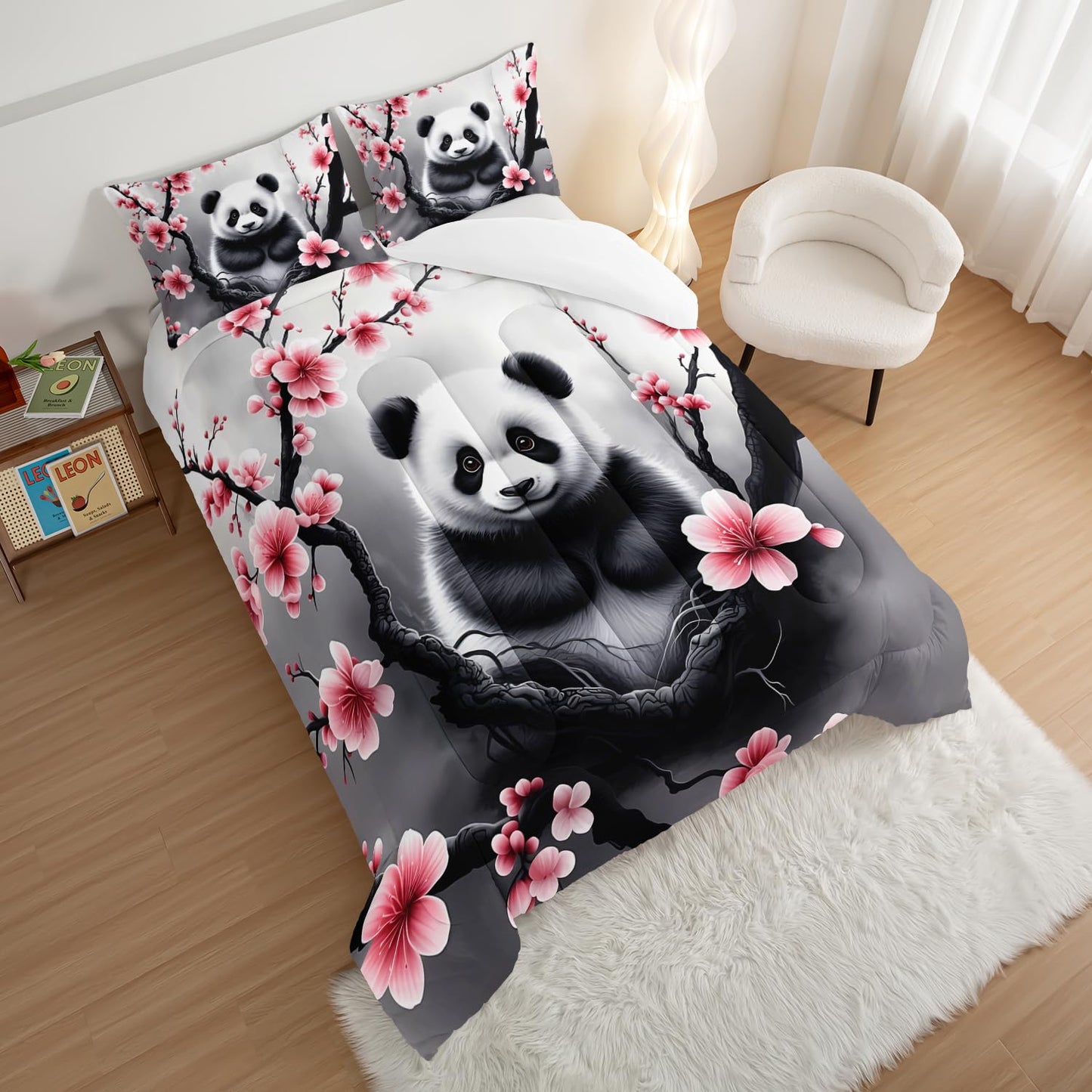 HOSIMA Panda Twin Comforter,Cute Panda Sitting Surrounded by Flowers on Branches,Gray White Ink Background Pattern Animal Bedding for Kids Boys Girls Room Decor,Cute Bedding with 2 Pillowcases.