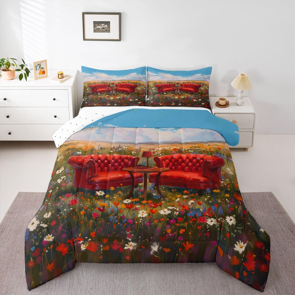 jejeloiu Flower Field Comforter Set Toddler Size French Country Bedding Set for Kids Boys Girls Floral Duvet Quilt Bedroom Decor Microfiber 2 Pcs with 1 Pillow Cases