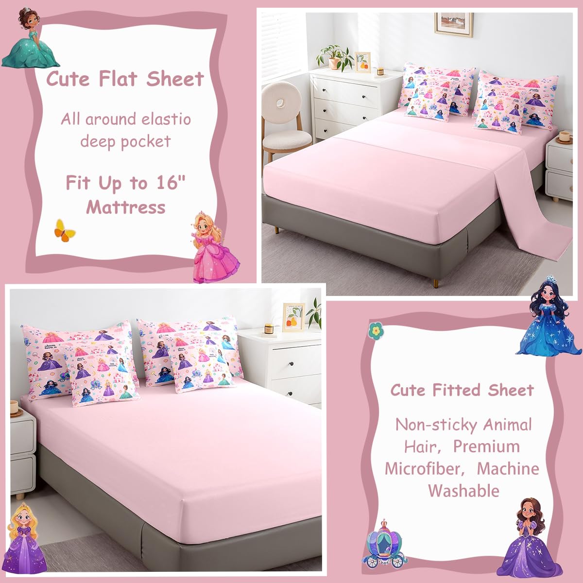jejeloiu Kids 7 Piece Princess Bedding Set Queen Size Pink Castle Bed Set Includes Comforter, Sheet Set, Pillowcases & Pillow Covers Bedroom Decor Fairy Dreamy Bed in a Bag Breathable Soft