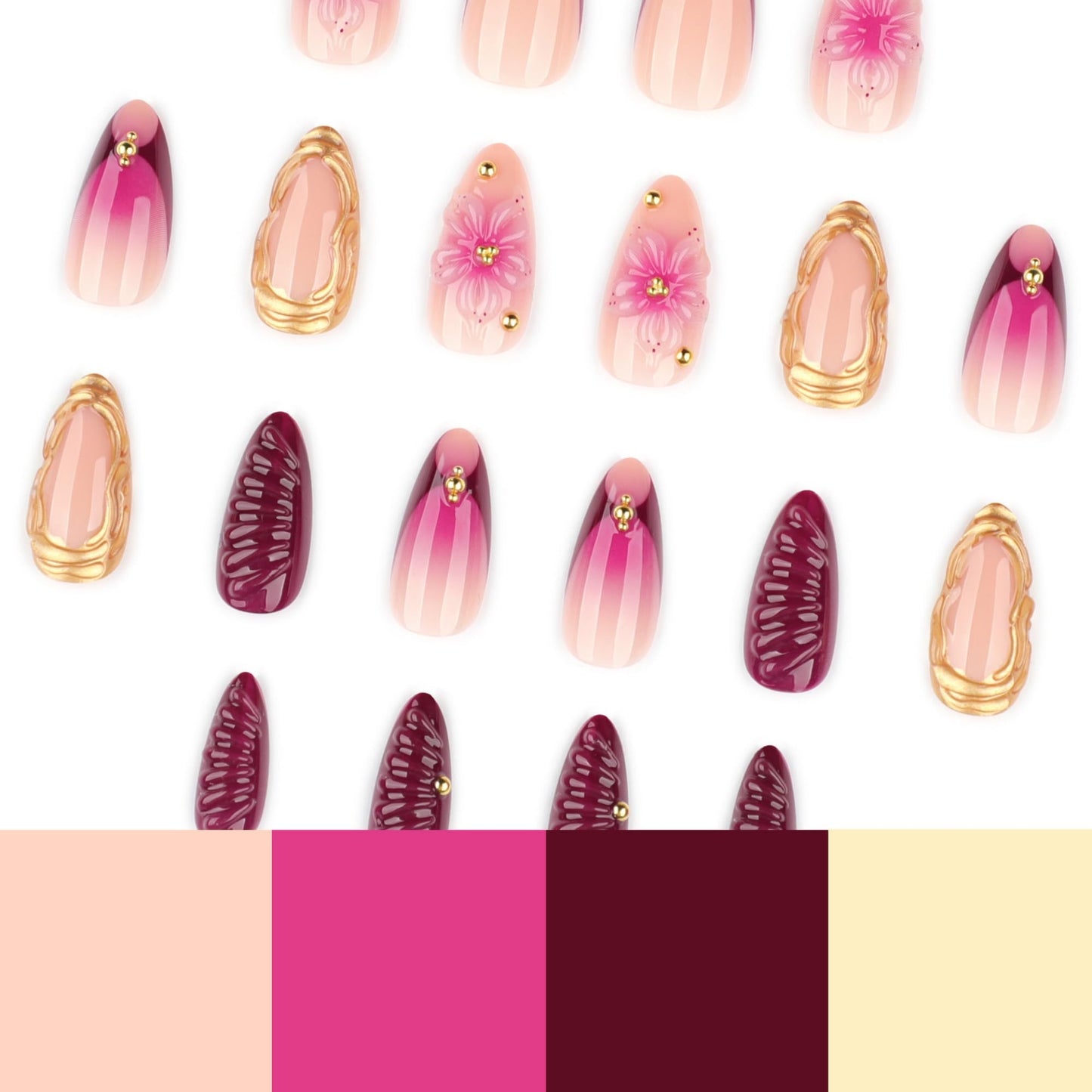 octoswave Press on Nails Long Almond Fake Nails Purple French Artificial Nail with 3D Flowers Designs Stick on Nail for Women 24pcs